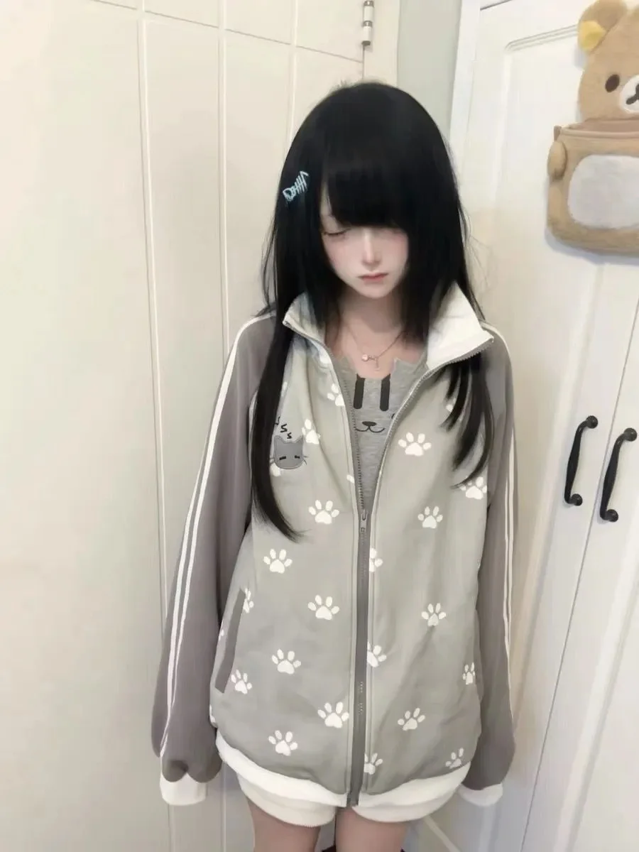 

Свободная длинная толстовка на молнии Sve, женская повседневная толстовка с воротником-стойкой и принтом лап, универсальная верхняя одежда для повседневной носки