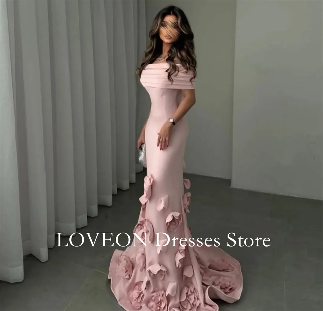 Colavis Off Shoulder 3D Flowers Pink Formal Evening Dresses Pleat  فساتين سهرة  Customized Elegant Prom Growns Party Women