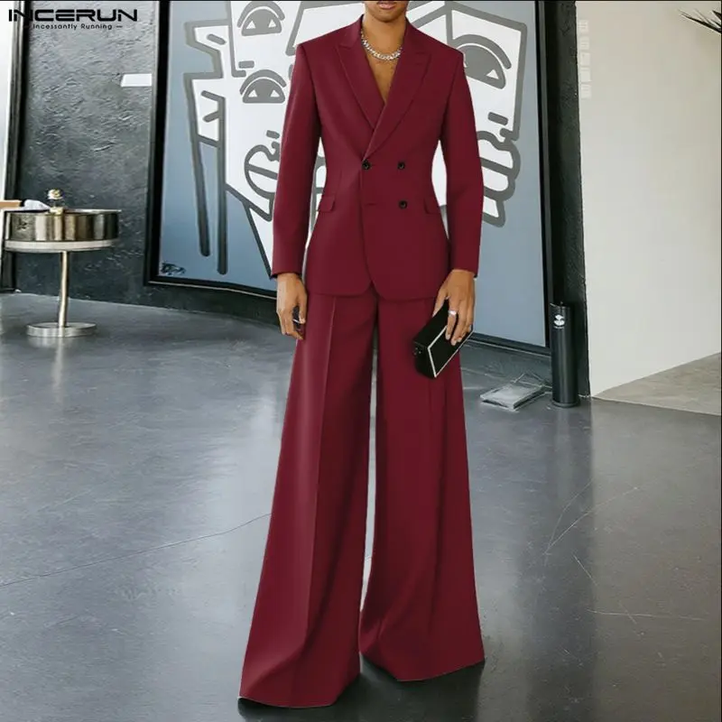 INCERUN Men Sets Solid Color Double Breasted Long Sleeve Blazer & Pants Two Pieces Sets Streetwear Fashion Casual Men's Suits