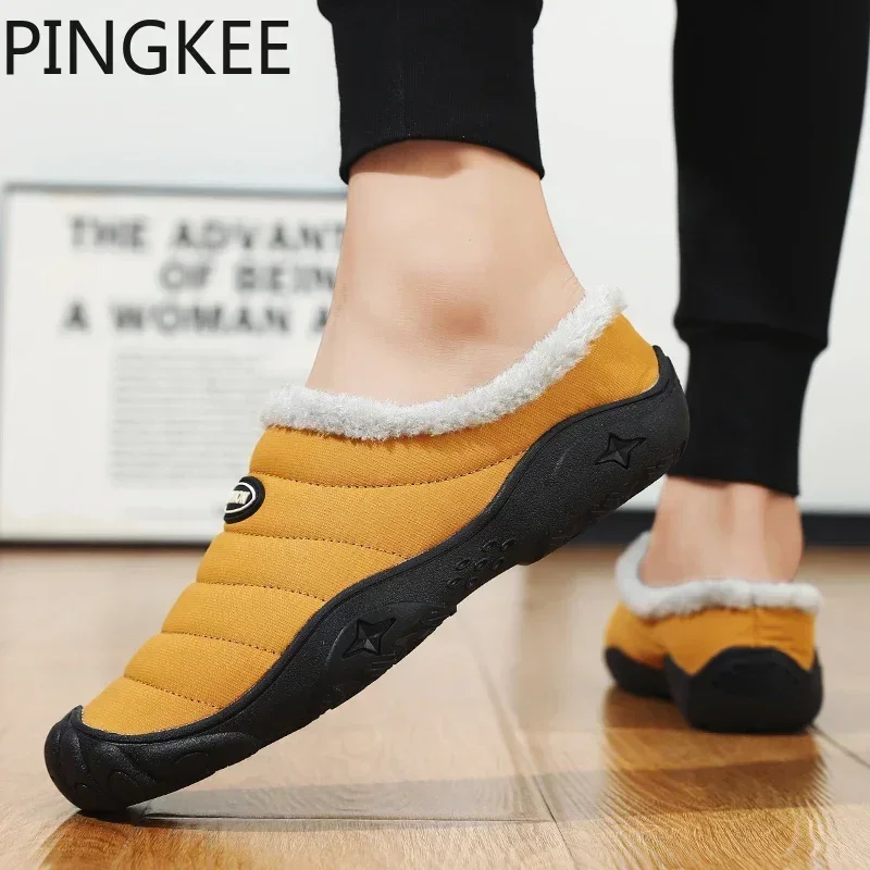 PINGKEE Men's Home Mule Winter Short Plush Slippers Lightweight  Wool Slip On Warm Fleecy Lining Snow Boots Shoes For Men