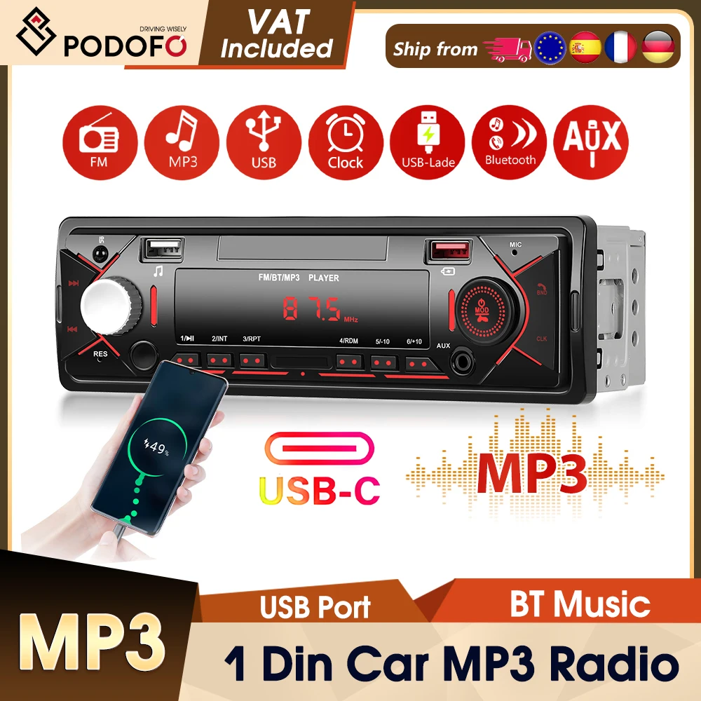 Podofo 1DIN Einbau-Autoradio MP3-Player FM U-Disk Audio Musik Stereo 12V Autoradio-Player USB/AUX-IN Fernbedienung