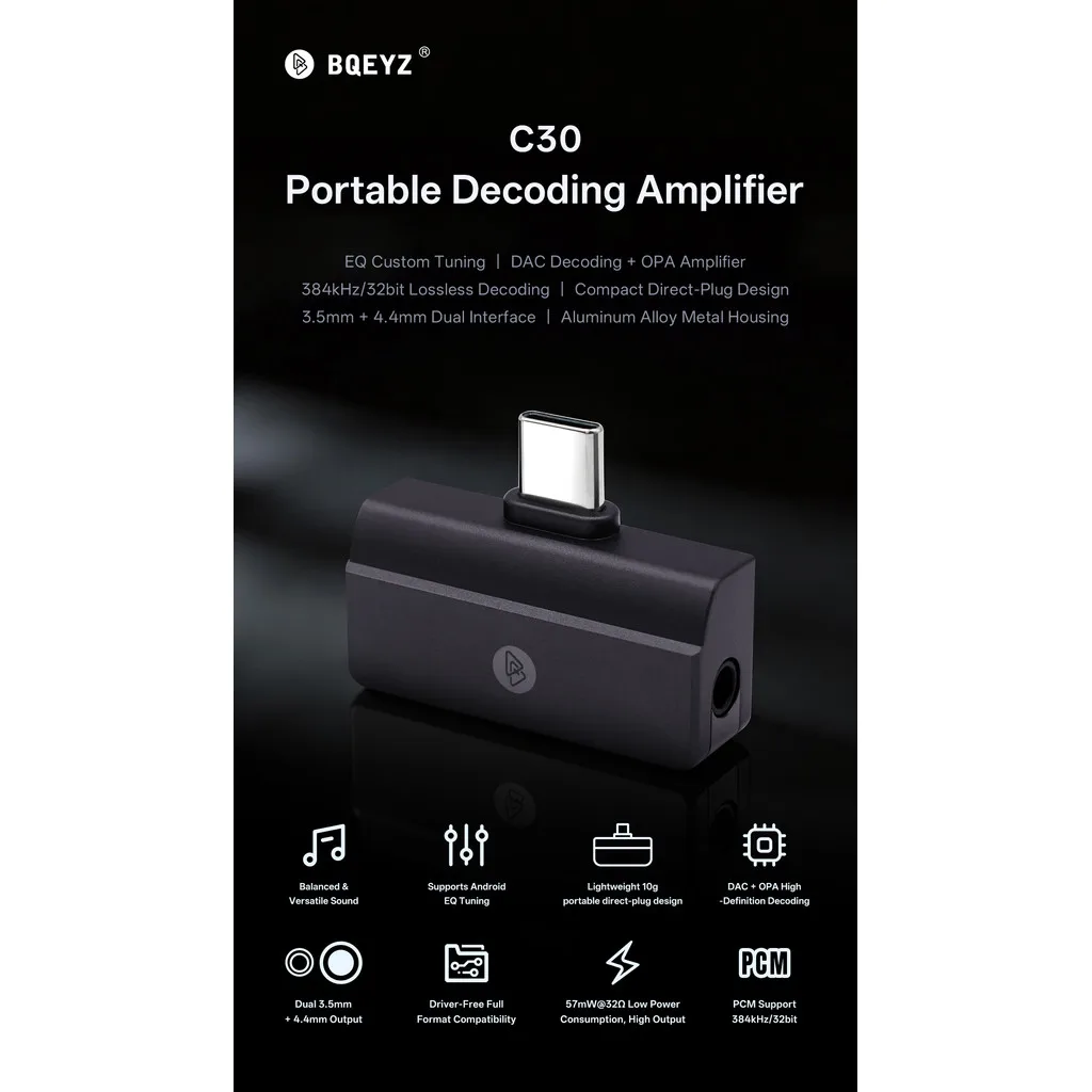 BQEYZ C30 Mini Portable DAC Amp USB-C To 3.5mm+4.4mm 32bit 384kHz 10-Band PEQ HiFi Headphone Amplifier Adapter
