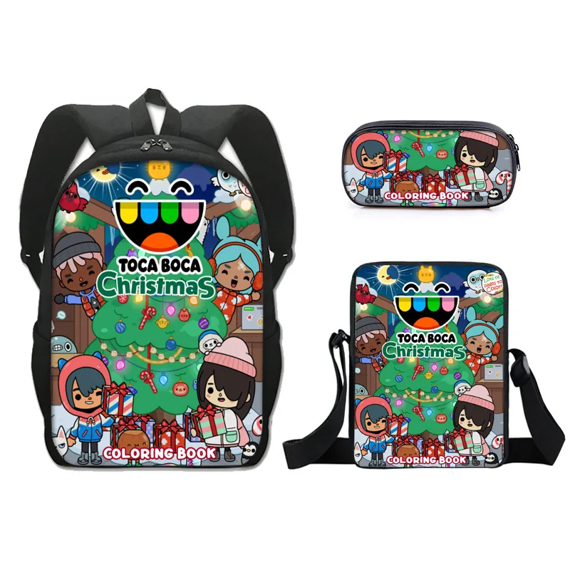 3D Toca Boca Life Christmas Backpack School Bag Coloring Book Backpack Shoulder Bag Pen Case Students Boys Girls Schoolbag