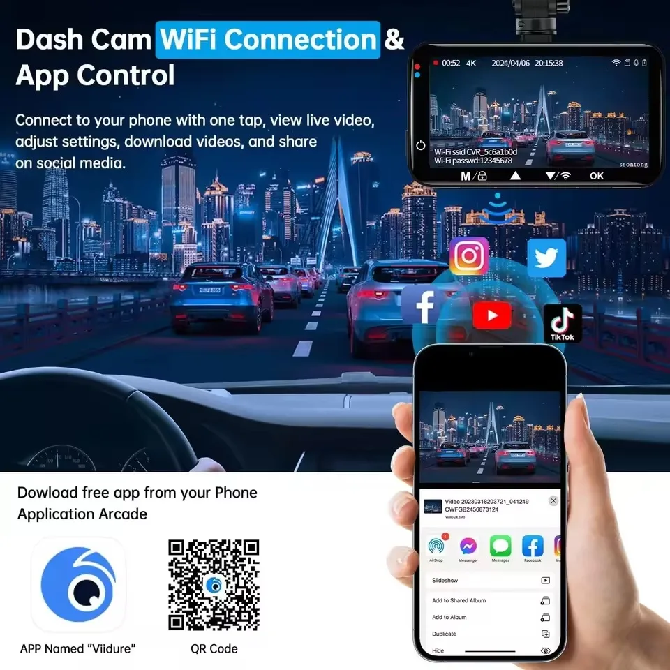 DashCam 4K WiFi Car Recording Camera DVR Video Recorder Black Box Front and Rear Dual Channels 24H Parking Mode HD Night Vision