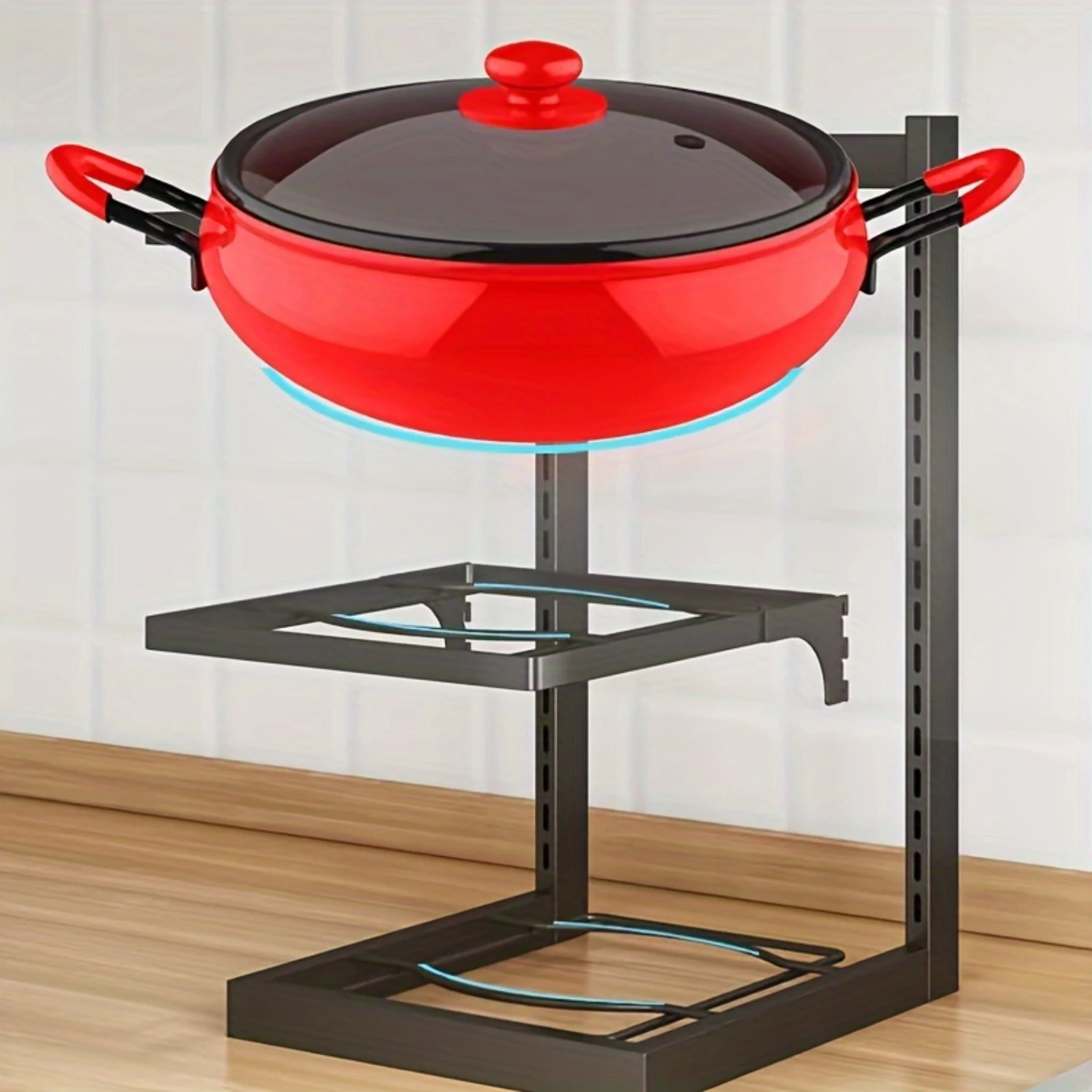 قطعة واحدة من منظم وعاء ومقلاة متعدد الطبقات - رف أواني طهي موفر للمساحة لمستلزمات المطبخ - وصول تحت الحوض والخزانة على سطح الطاولة