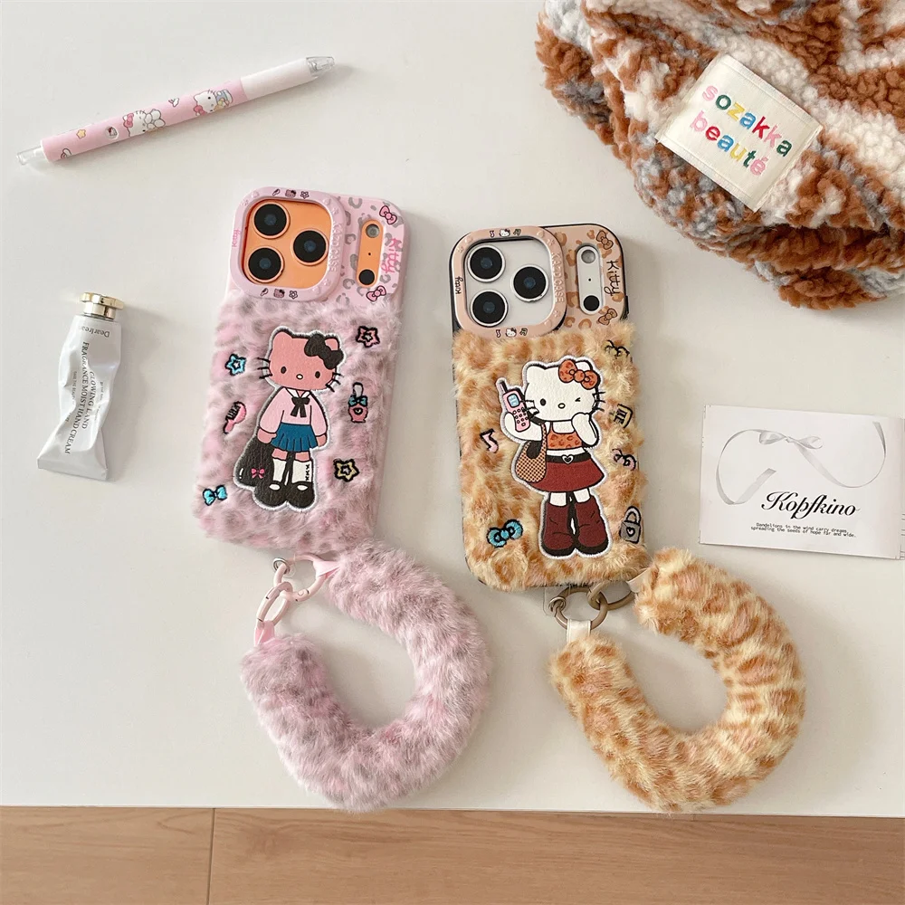 

Korean INS Leopard Embroidery KT Cat Furry Warm Phone Case for iPhone 17 Pro Max 15 14 16 Pro 17 15Pro Fundas Winter Plush Cover