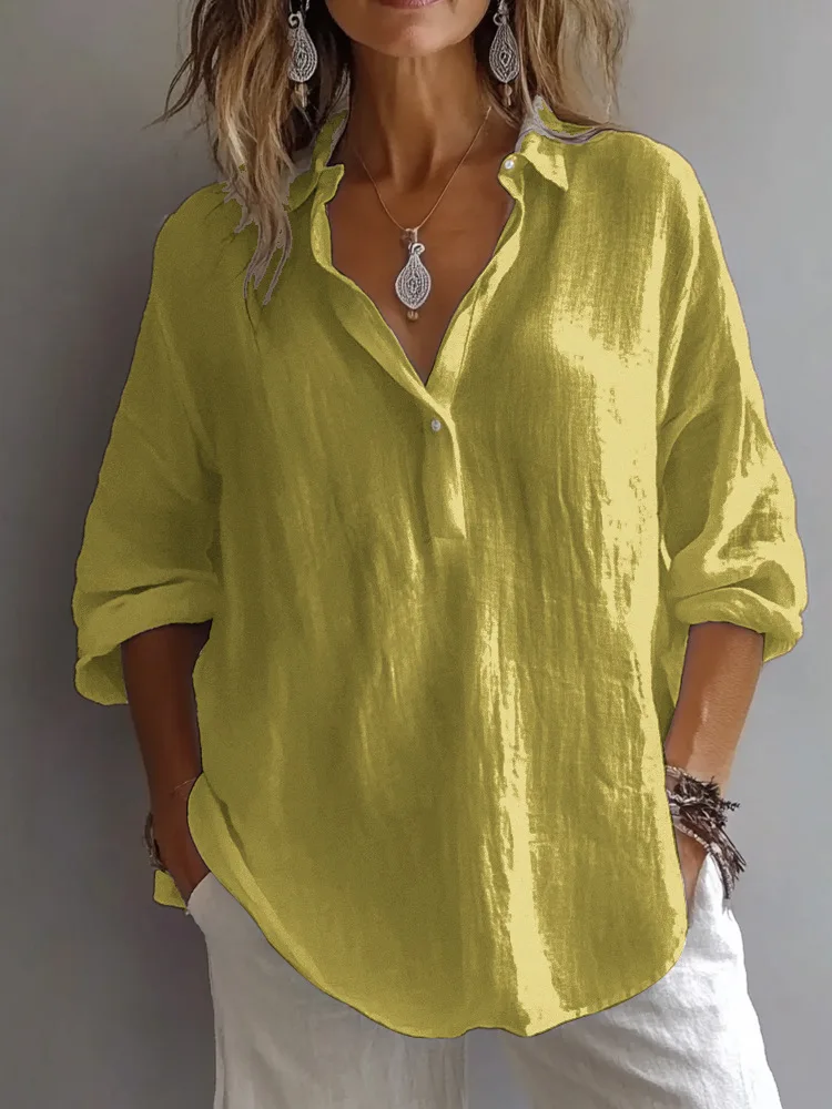 Kemeja Wanita Putih Model Terbaru 2025, Campuran Linen, Warna Solid, Longgar, Lengan Panjang, Kerah V, Blus untuk Wanita