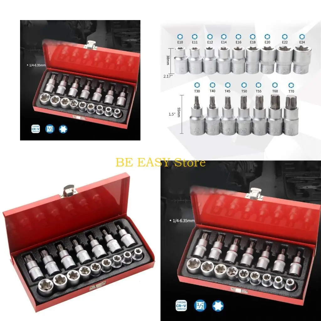 E28F Torx Bit Socket Set E10-E24 T30-T70 CRV Star Sockets дюйма для автомобильных грузовиков. E28F Torx Bit Socket Set E10-E24 T30-T70 CRV Star Sockets дюйма для автомобильных грузовиков.