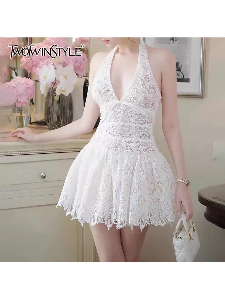 

TWOTWINSTYLE Solid Slimming Mini Dresses For Women V Neck Sleeveless High Waist Temperament Mesh Dress Female Fashion Style New