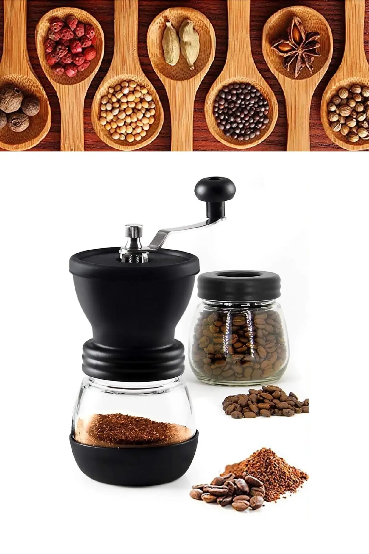 Zwart Glas Spice Koffiemolen Zwarte Peper Zout Koffie Kruiden Handmatige Molen Houten Handleiding Hand Grinder Zout Shaker