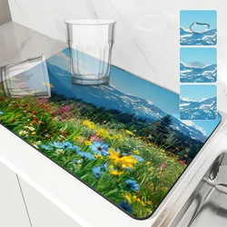 Coffee Mat Flower Sky Absorbent Draining Dish Drying Mat Quick Dry Bathroom Tableware Hide Stain Rubber Backed Absorbent Mat