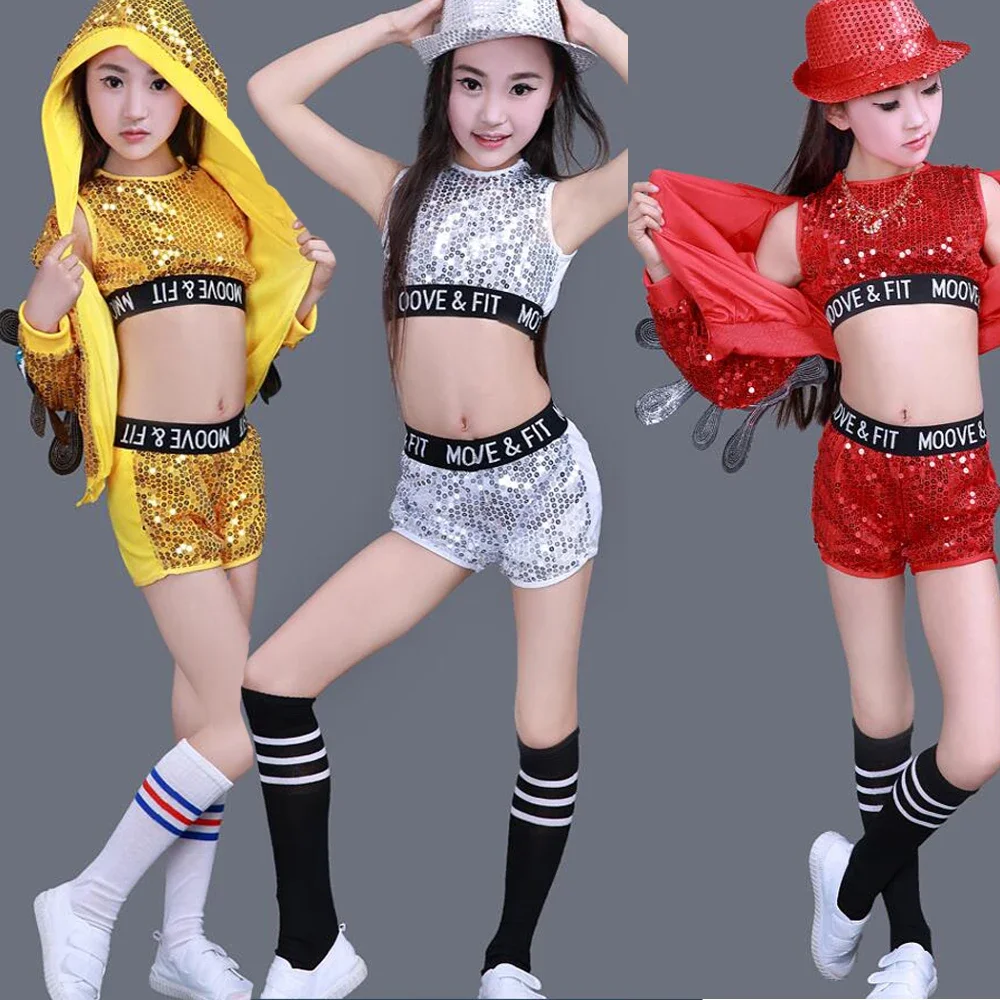 Show Kleidung moderne Kind Hip Hop Bühne tragen Outfits 3 Stück Kinder Jazz Tanz Kostüme Mädchen Street Dance Pailletten Party