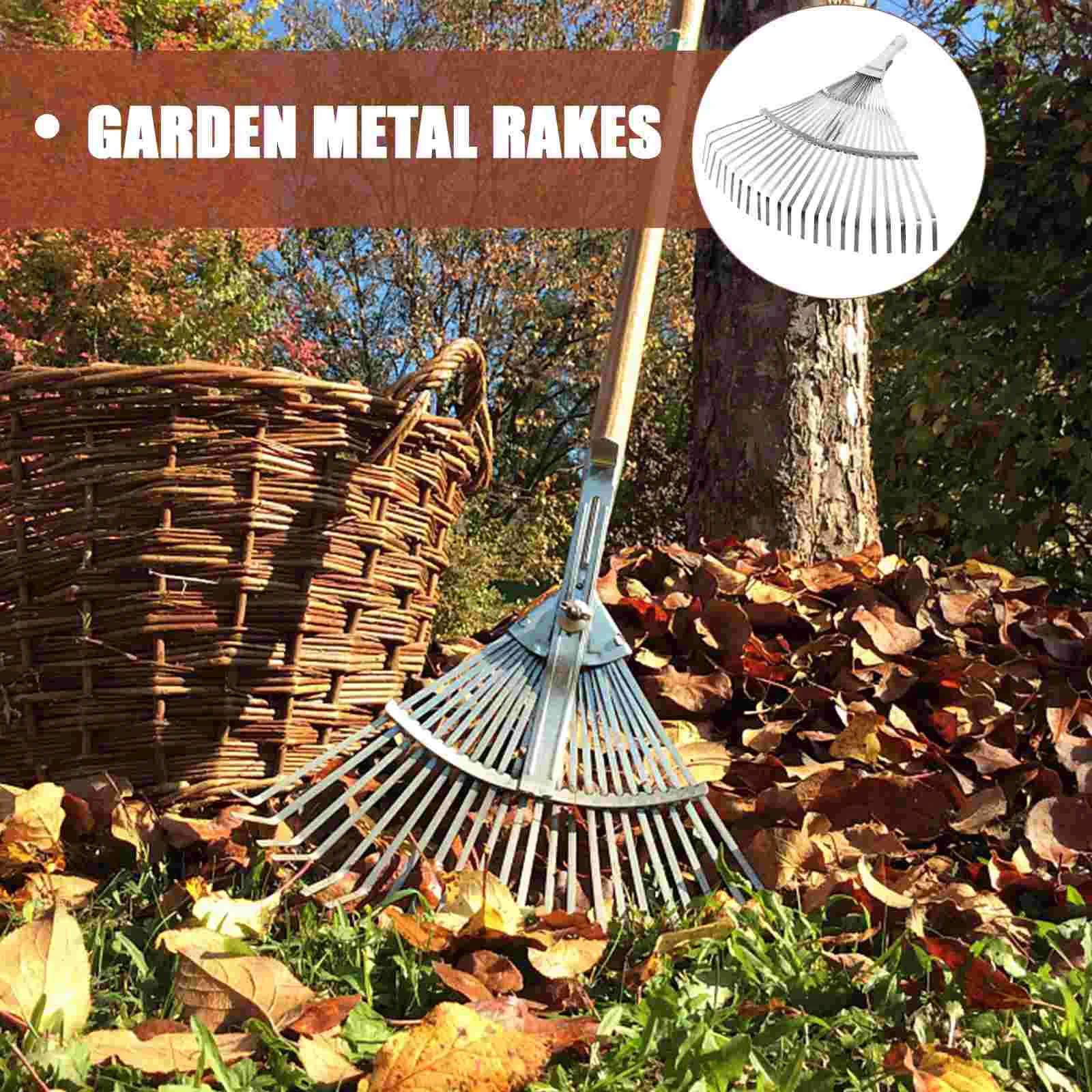 Stainless Steel Telescopic Handle Leaf Rake Carbon Grass Wire Wooden Gardening Leaves Rakes Metal Adjustable for Yard