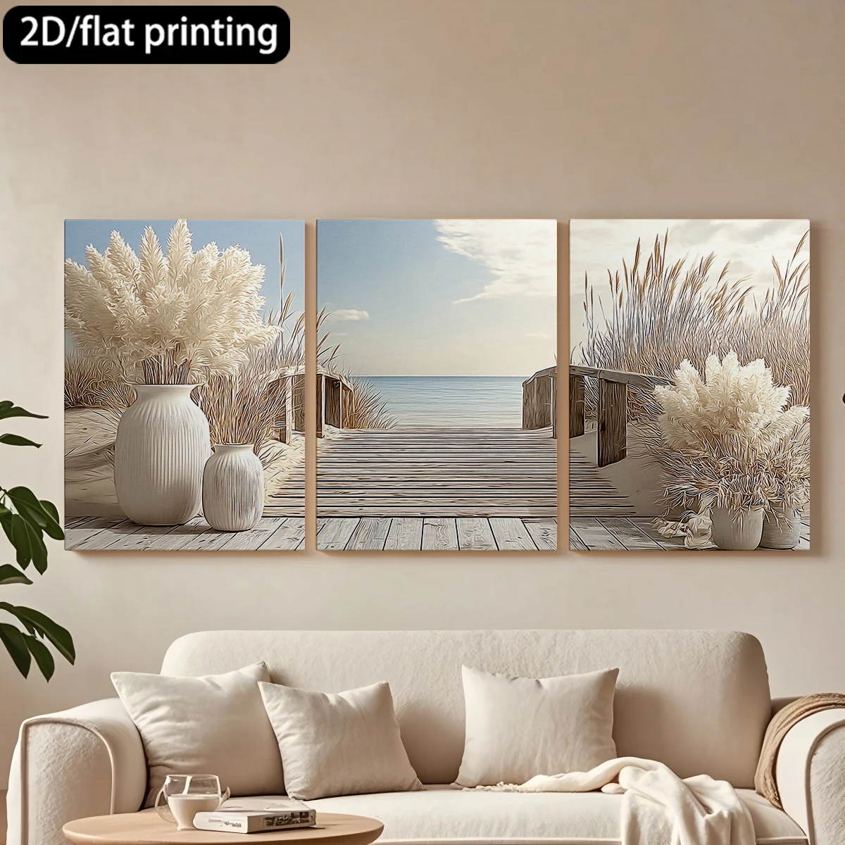 

2D плоская печать, набор из 3 картин на холсте в деревянных рамах: Вазы, пампасная трава, морской пейзаж. Декор для коридора и спальни.