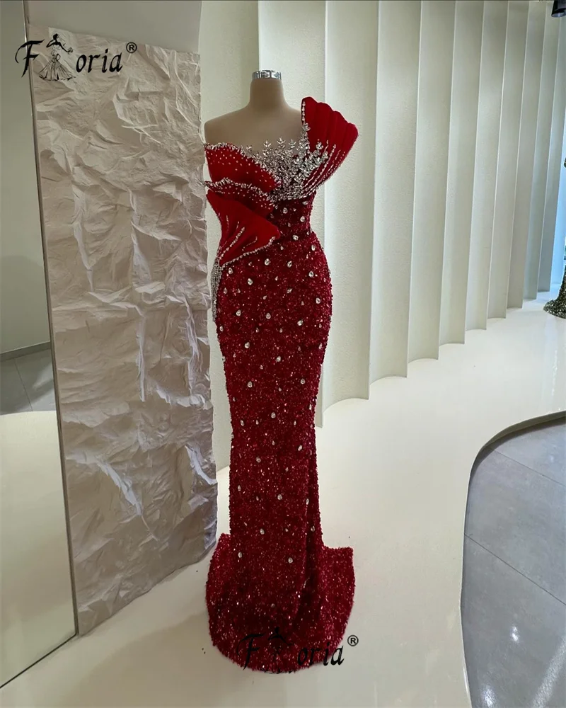 Luxury Red Dubai 3D Flower Modelling Evening Dresses Woman Elegant Beaded Crystal Mermaid Prom Wedding Party dress vestido noche