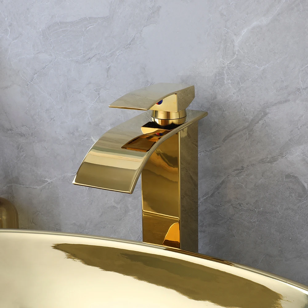 ZAPPO 23 Inch Bathroom Vessel Sink Gold Ceramic Sink Bowl Above Counter Oval Bathroom Sink with Waterfall Faucet Drain Combo