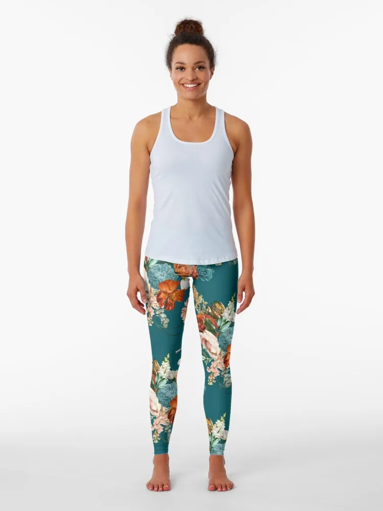 Leggings Floral Teal Push Up para mulheres, roupa esportiva para meninas, perneiras femininas, física, outono