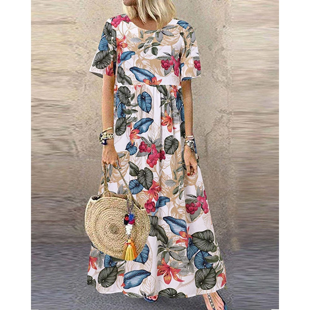 

2024 Women Summer Dress Floral Print Elegant Maxi Dress Femme Short Sleeve Robe Longue Femme Casual Holiday Vestidos Long Dress