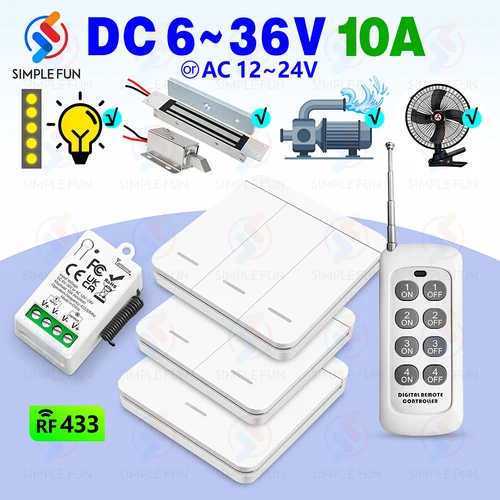 Interruptor de luz de Control remoto inalámbrico de 433Mhz DC 6V 12V 24V 30V 36V 10A receptor de relé alcance de 500m, para bombas LED ventilador cerradura magnética