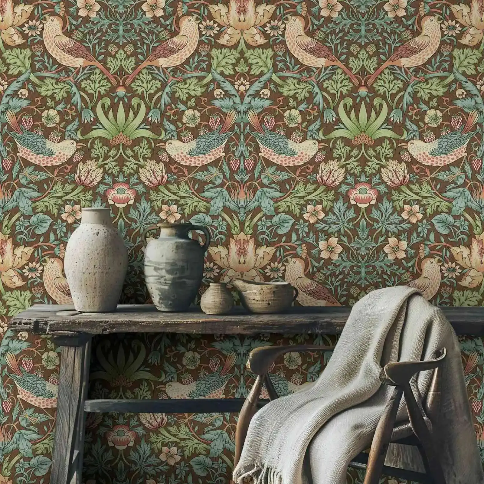 Strawberry Thief Wallpaper By William Morris, Vintage Floral Wall Mural Peel and Stick,Or Tradition Un-paste,Home Decor Wall Art