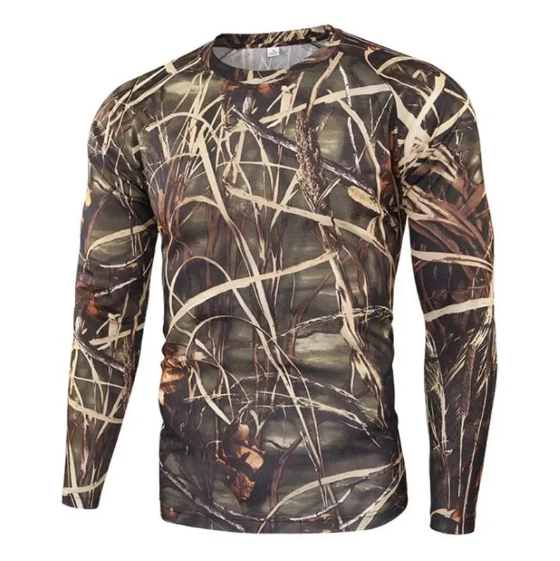Herren 3D-Druck Tarnmuster Langarm-T-Shirt aus Polyester, schnelltrocknend, Rundhalsausschnitt, Oberteil für Outdoor, Jagd, Angeln, taktisch, Freizeit-T-Shirt – Detail 6