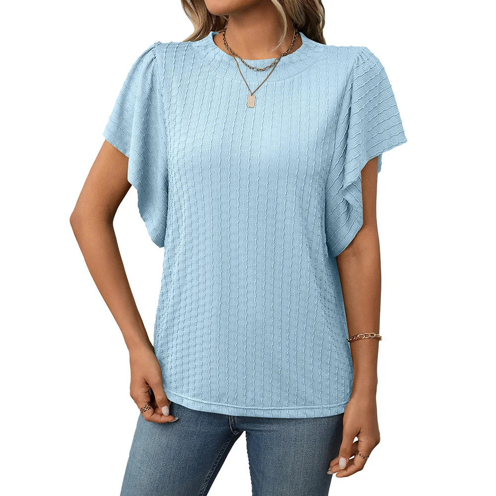 

Elegant Women Blouses Casual Solid O-Neck Ruffles Short Sleeve Loose Shirts Female Fashion Black White Tops For Women Summer New