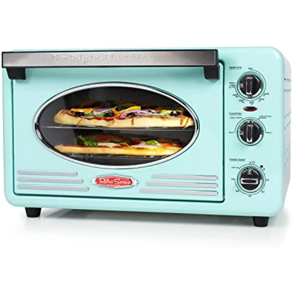 

Nostalgia 0.7 Cu Ft Retro Toaster Oven with 4 Cooking Functions Fits 12 Slices of Bread, Two Pizzas