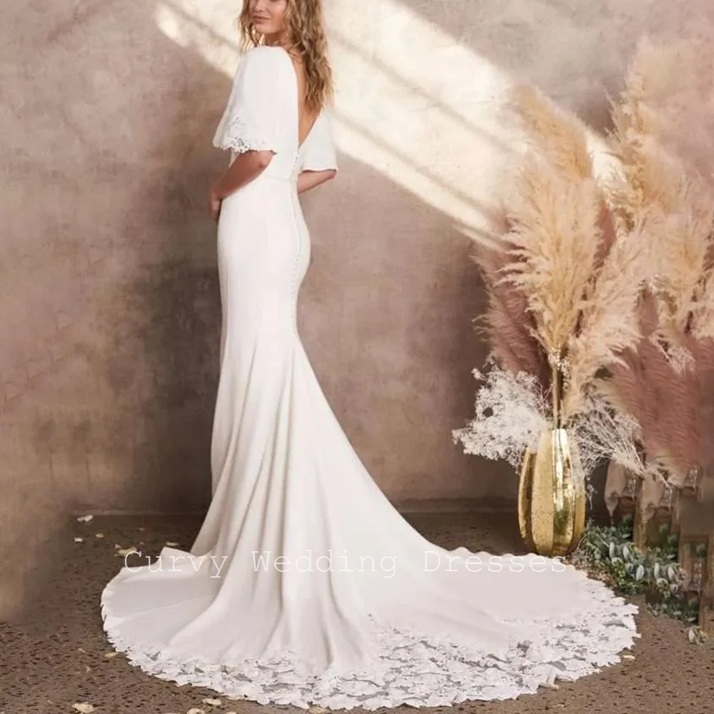 Curvy Boho Minimalist V-Neck Lace Sleeve Satin Backless Mermaid Wedding Gowns with Lace Trim Train for Women Bridal Customized