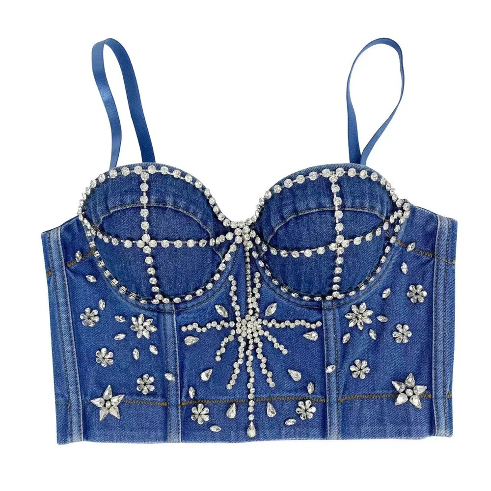 

Новинка 2023, женский джинсовый топ, жилет со стразами, бюстье, бюстгальтер, женский топ для ночного клуба