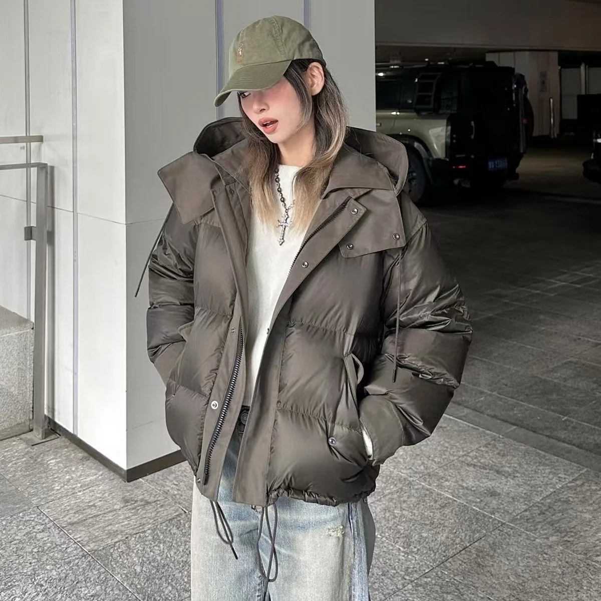 Warmth Seeker Little Sun Winter Aosphere 90 White Du down Patchwork Afneembare capuchon Jaet Faion-jas voor dames