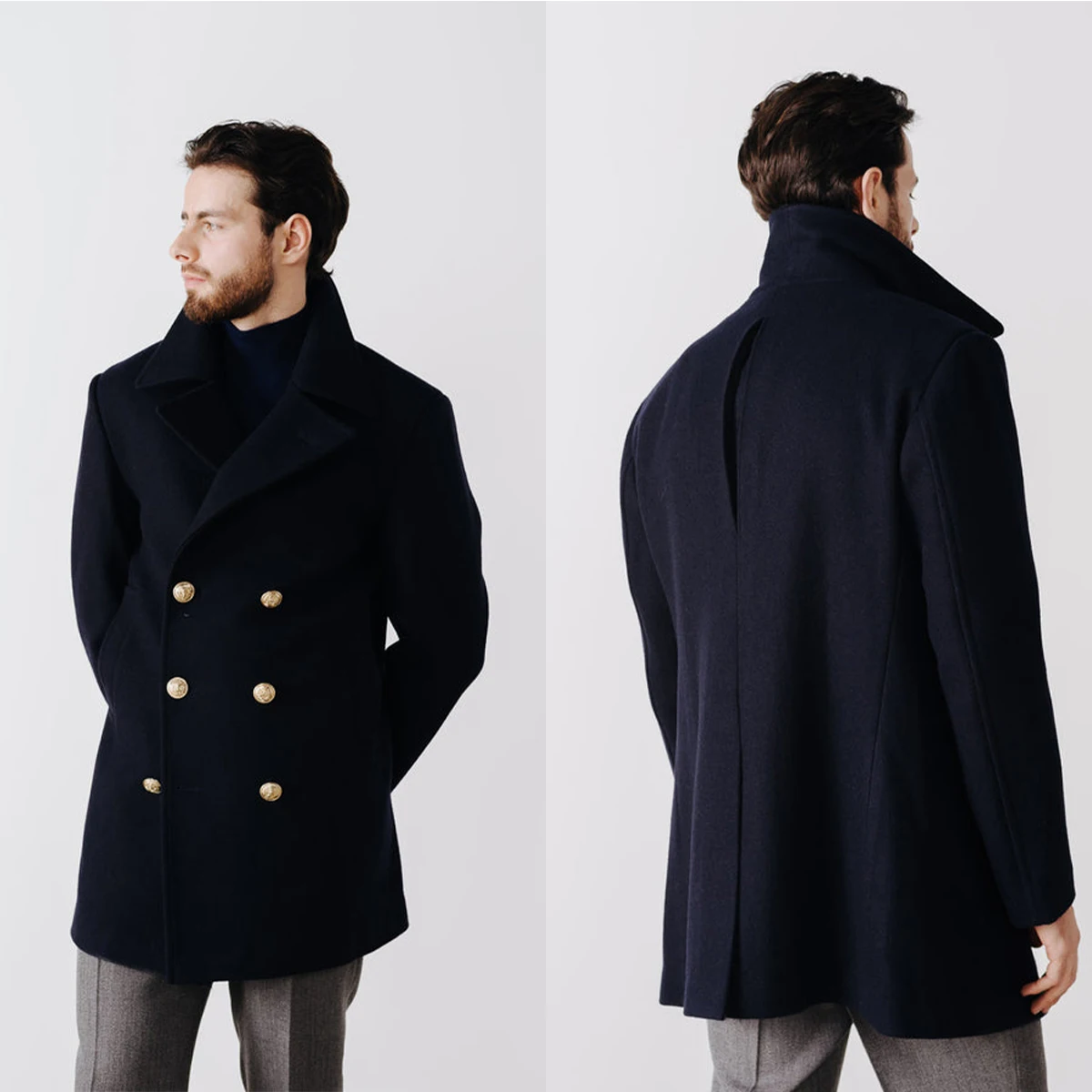 

Men's Trench Coat Slim Fit Double Breasted Navy Blue Long Jacket Casual Windproof Overcoat Wedding Tuxedos Only One Piece