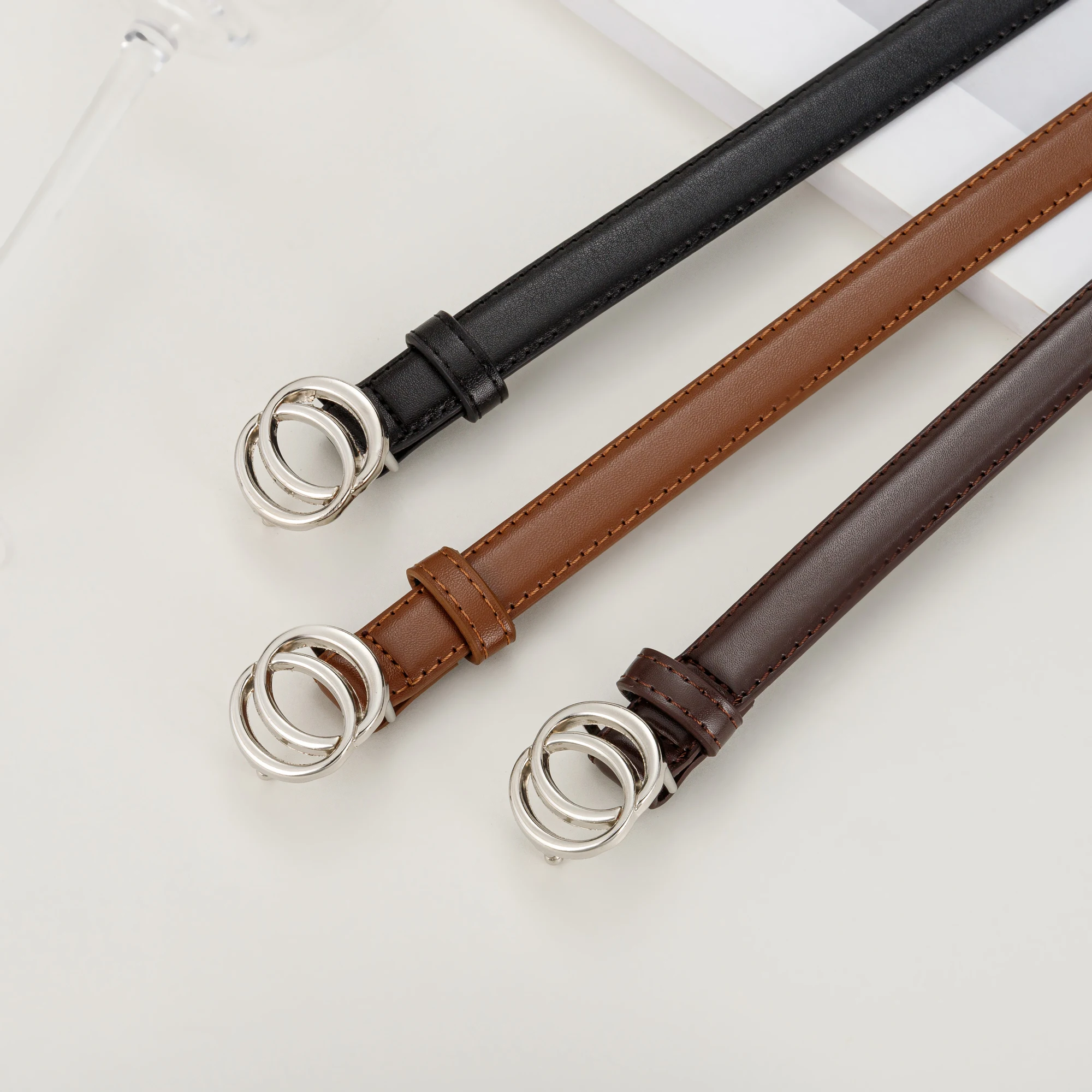 Fashionable Universal Men's And Women's Double-Connected Oval Buckle Waist Belt Trendy Decorative Belt
