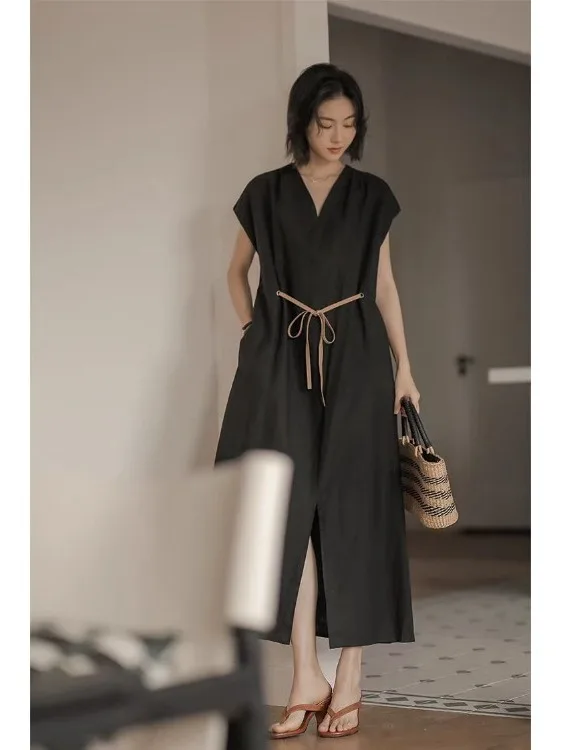 Artistico coreano V-Ne Loose Fit Cotton Lin da donna Dr Ele taglio dritto ingombrante in vita Maxi Dr Summer Faion