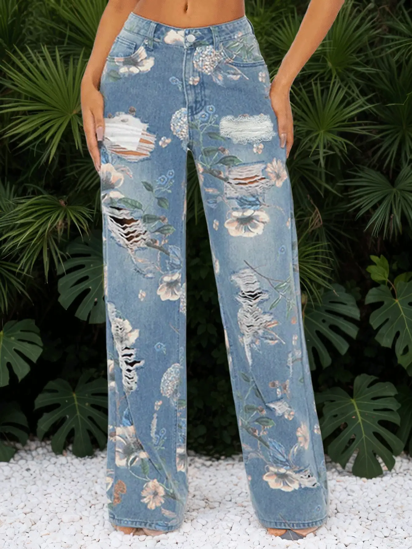 Distressed denim jeans met rechte pijpen en print voor dames - Trendy gescheurd ontwerp voor casual stijl
