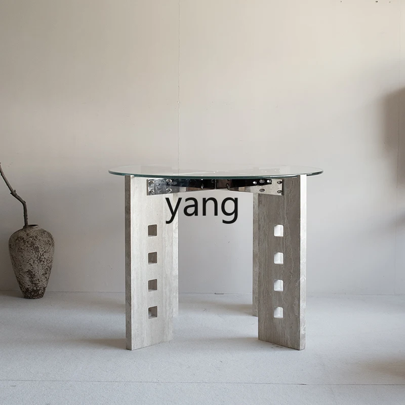 

LMM original design natural travertine dining table round glass wabi sabi
