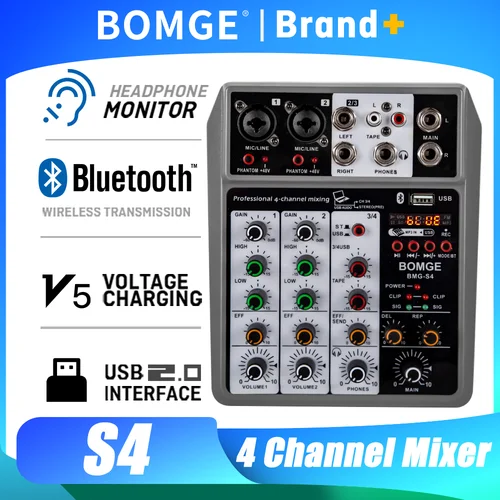 Imagen 1 del producto Mezclador de Audio Profesional BOMGE, Consola de Mezcla con 4 Canales Digitales USB, Bluetooth, Efecto de Eco y Retardo para Grabación