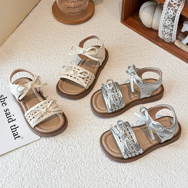 Mumoresip Outdoor Kids Fashion Sandals Summer Woven Hollow-out Girls Causal Shoes Open-toe Lightweight Children Bow Flat Sandals