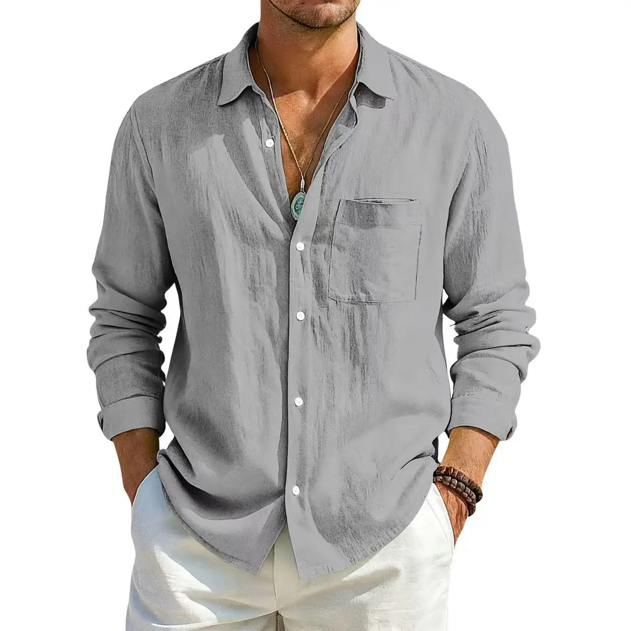 Men's Summer Long Sleeve Shirt Solid Color Loose Cotton Linen Shirt With Pockets Summer Breathable Fashion Casual Shirts for Men