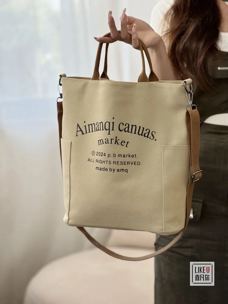 Large Capacity Fashion Design Zipper Letter Commuting Thickened Canvas Tote Student Casual Hundred Handbag Crossbody Bag