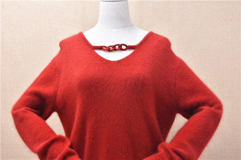 Elegant Fashion Ladies Women Hairy Red Angora Rabbit Hair Knitted V-Neck Long Sleeves Loose Pullover Sweater Jumper Pull Tops