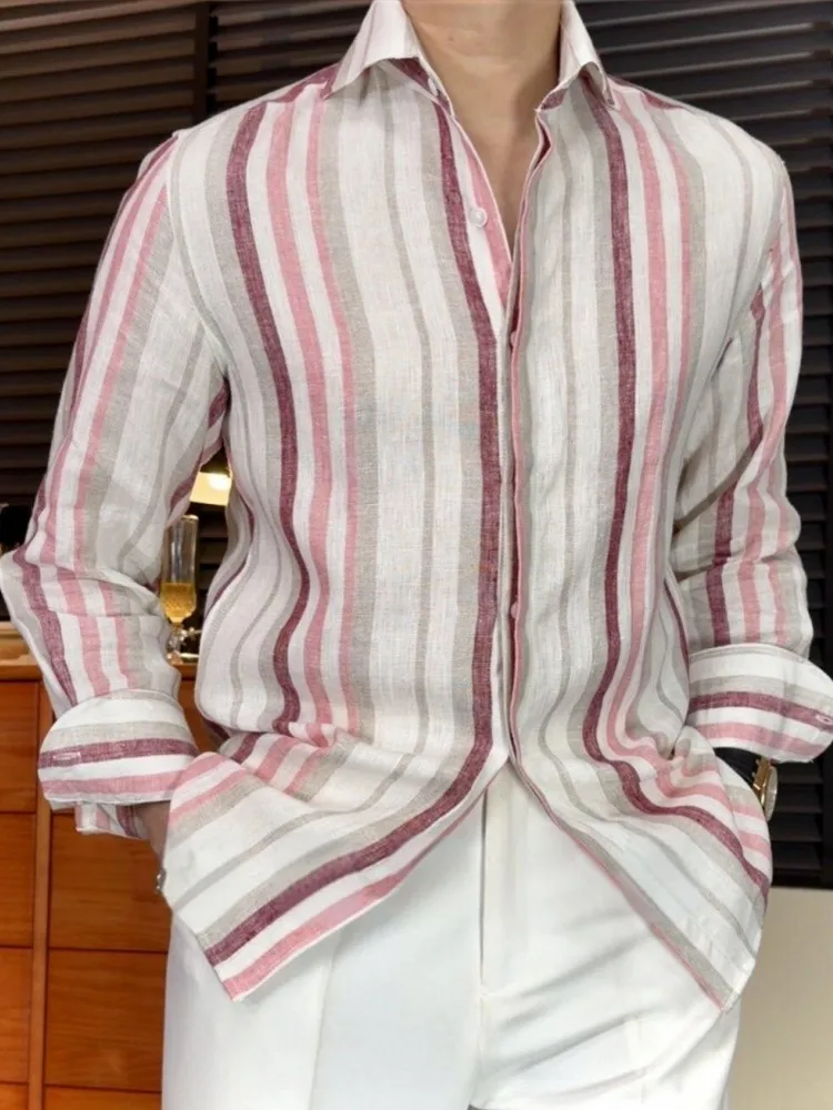 Mens Vintage Striped Shirt Summer Linen Short Sleeve Single Breasted Turn Down Collar Tops Slim Fit Business Casual Male Shirts