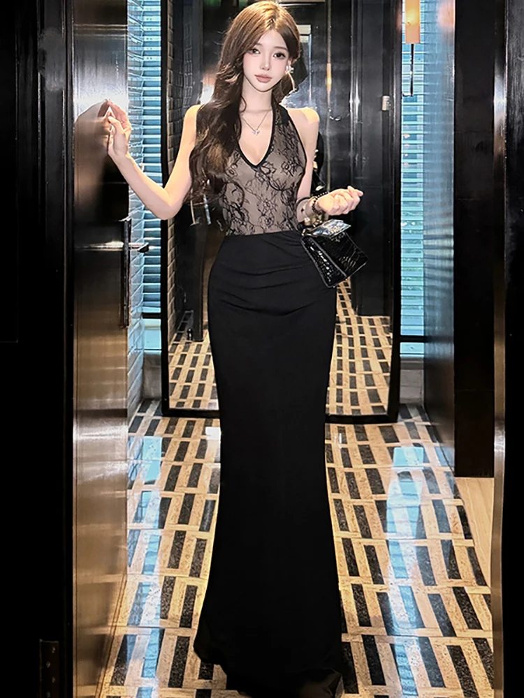 

2025, черное лоскутное кружевное жакжерд, шикарное платье с бантом и воротником, женское элегантное роскошное платье, летнее корейское винтажное вечернее платье