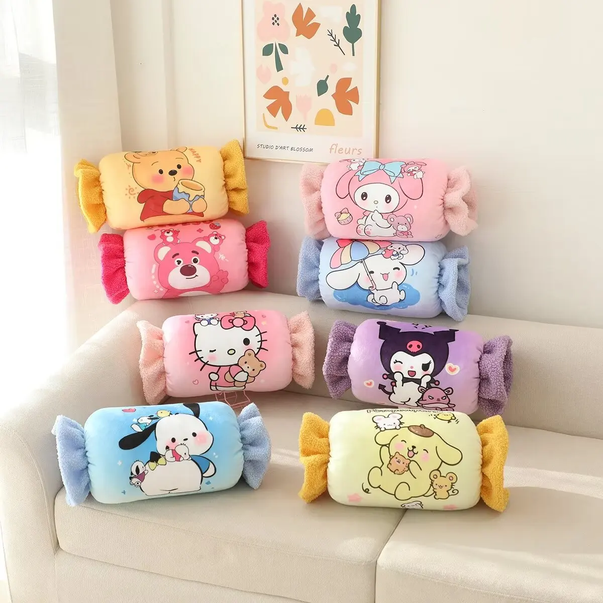 

Kawaii Sanrio Cartoon Candy Shape Pillow My Melody Kuromi Cinnamoroll Warmer Hand Cover Nap Pillow Sofa Cushion Decoration Gift