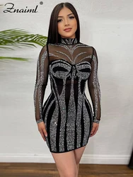 Znaiml Sexy Skinny Wrap Hip Evening Dress Women Mesh See Through Long Sleeve Rhinestone Hot Girl's Birthday Party Club Vestidos