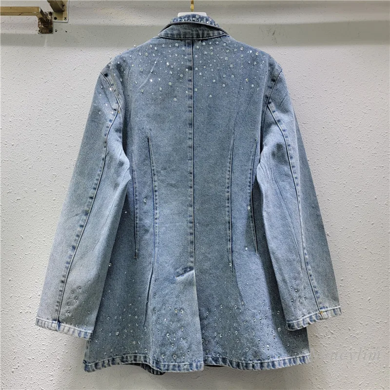 2024 Nieuwe Losse Blauwe Spijkerjas Dames Strass Retro Effen Kleur Pak Kraag Jean Jas Dames Street Top Kleding