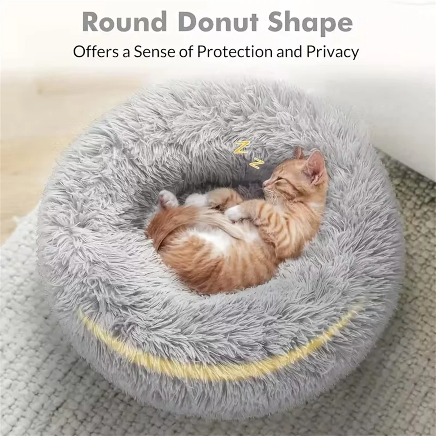 Weiches, langes Plüsch-Katzenhaus, Hundebett, beruhigendes, warmes Kunstfell-Bett, Donut-förmiges, komfortables Schlafbett, waschbar für kleine und mittelgroße Hunde und Katzen – Detail 6