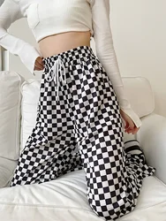 drawstring sweatpants jogger Women wide leg Pants Retro High Waist Checkerboard Grid Elastic woman Pant black loose Long Trouser