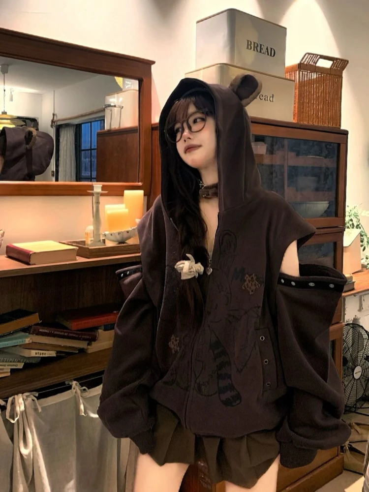 الكرتون الطباعة Kawaii الدب آذان هوديس النساء Y2k الجمالية فضفاض جيب معاطف الخريف Preppy نمط الجرونج سستة بلوزات