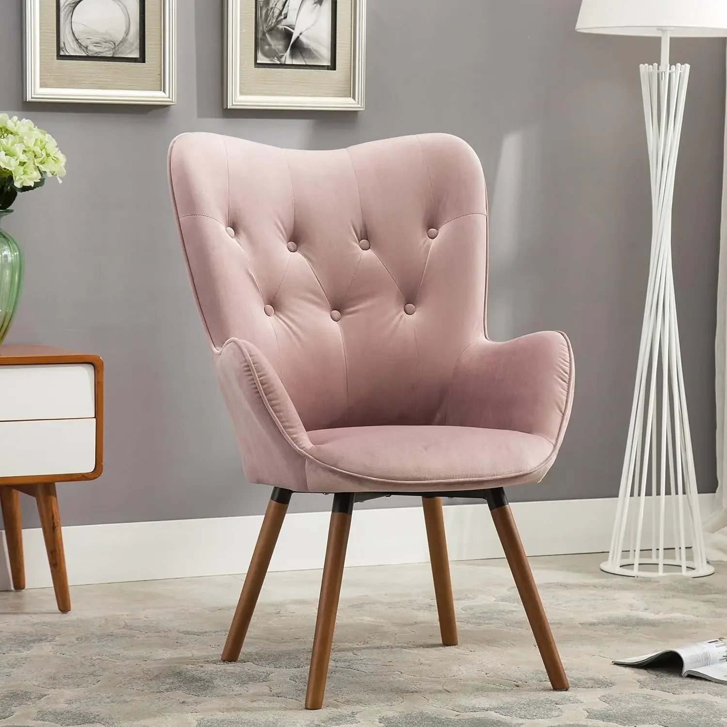 Furniture Contemporary Silky Velvet Tufted Button Back Accent Chair, Mauve