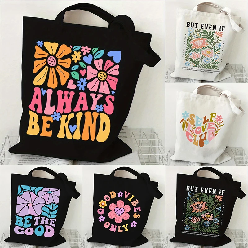 

Boho Style Canvas Tote Bags Lightweight Shoulder Bags with Wildflower Print Shopping Bags for Women and Teens Everyday Tote Bag